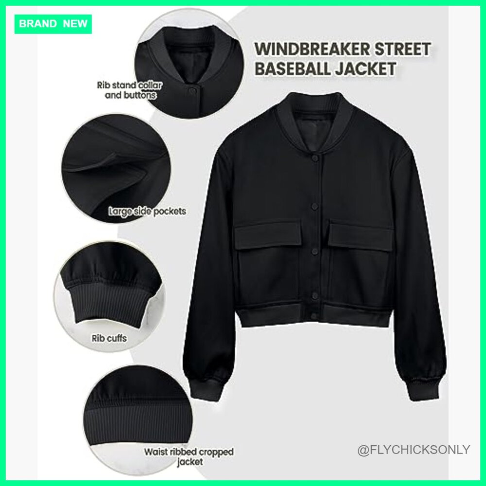 Polyester Cropped Bomber Jacket With Button Closu… - image 5